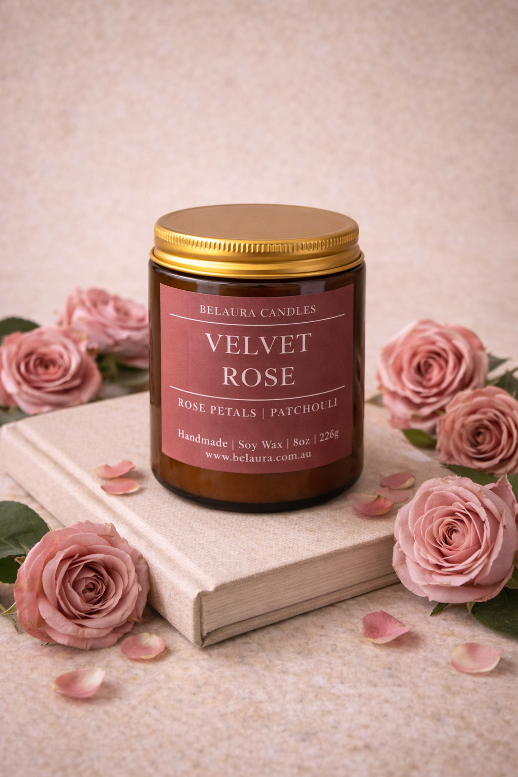 Velvet Rose soy candle in amber glass jar by Belaura